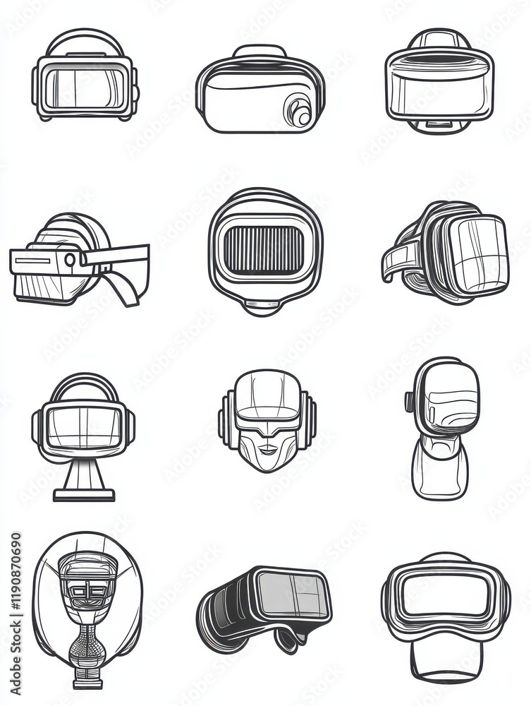 Poster virtual reality and 3d technology vector line icon set isolated on white background. virtual reality