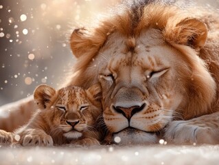 Fototapeta premium Celebrate Fatherhood A Majestic Lion and Cub Embrace, Festive Winter Wonderland Backdrop, Symbolizing Unconditional Love, Joy, and the Bond Between Father and Child This heartwarming image captures