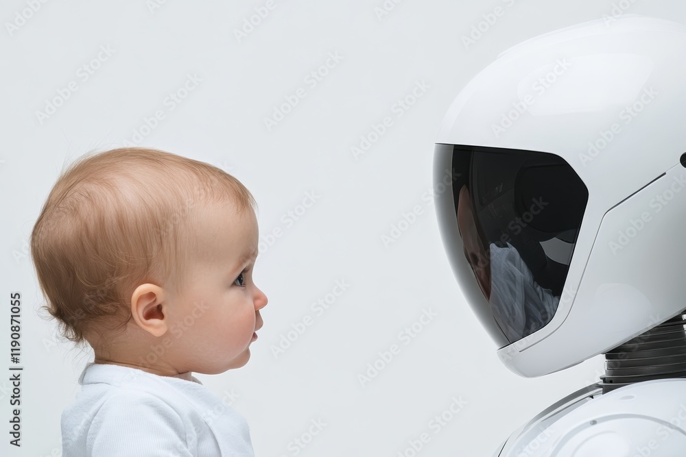 Poster interaction between a curious baby and a futuristic robot in a minimalist studio setting. robot nann