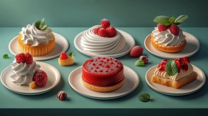 Set of minimalist desserts of different shapes with stylish decoration on background. Generative AI.