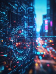 Fototapeta premium Abstract glowing ECO HUD screen hologram on blurry city background. Ecosystem and digital technology concept. Double exposure