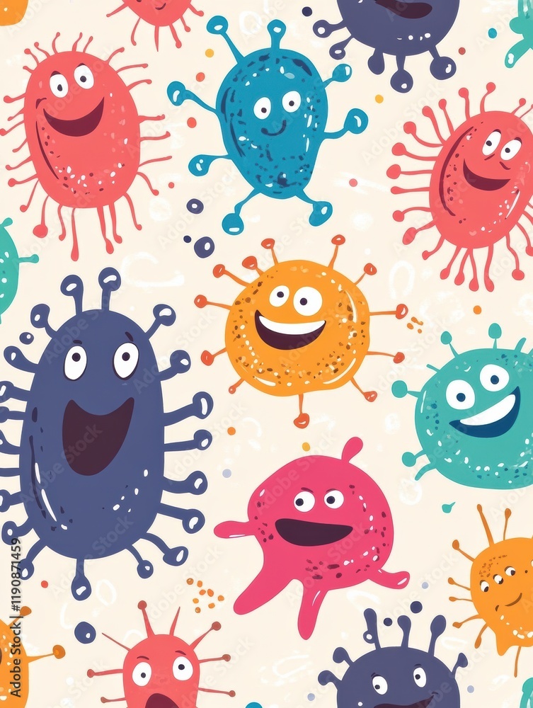 Poster Smiling cartoon microbes gather in a cheerful pattern in a vibrant and colorful setting with playful expressions. Generative AI