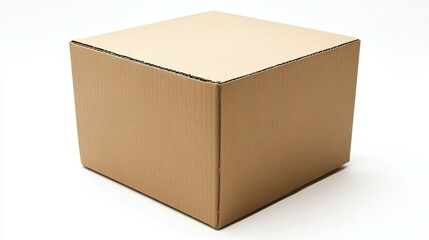 A close-up of a sturdy cardboard box on a white background, showcasing its texture and design, perfect for product packaging and logistics photos