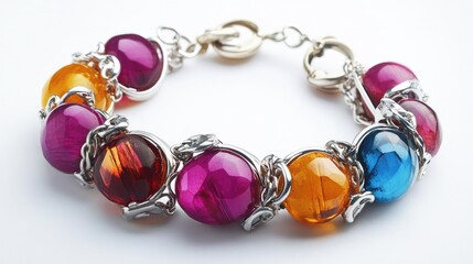 A bracelet with bright gemstone charms on a bright white background, focusing on vibrant colors.