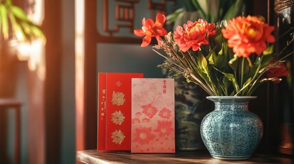 A close-up of Chinese New Year greeting cards displayed next to a vase of fresh flowers, symbolizing renewal and good fortune.
