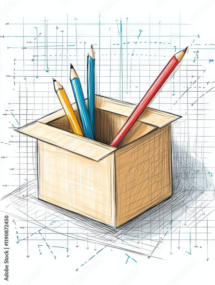 Poster graph paper with opened box sketch and prototyping hand drawn outline doodle icon. design sample con