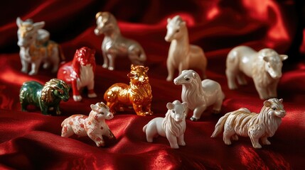 A close-up of Chinese zodiac animal figurines arranged on a red silk cloth, each representing a different year in the zodiac cycle.