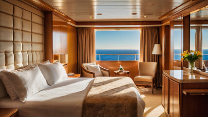 Luxury Cruise Ship Cabin Wide-Angle View on Sunny Summer Morning, Golden Sunrise Through Window Illuminates Elegant Furnishings, Creating Sophistication and Serenity at Sea