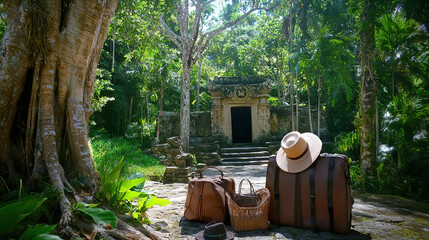 Sustainable travel embraces local experiences. It focuses on low impact and explores remote locations. Luggage and Hat at Ancient Stone Entrance in Lush Jungle