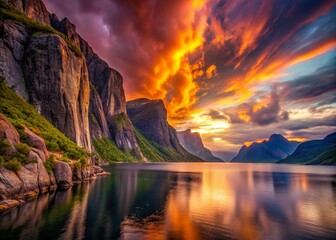 Majestic Sunset Double Exposure: Vetvika, Norway Fjord Landscape