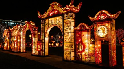 Fototapeta premium A close-up of lanterns illuminated at night, showcasing traditional Chinese New Year patterns and calligraphy.