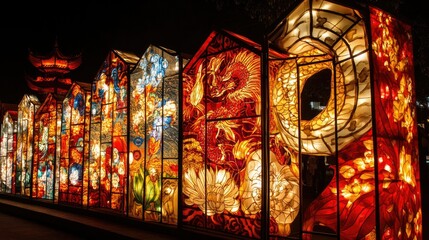 A close-up of lanterns illuminated at night, showcasing traditional Chinese New Year patterns and calligraphy.