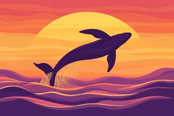 Whale breaches against vibrant sunset over tranquil ocean waves at dusk. Generative AI