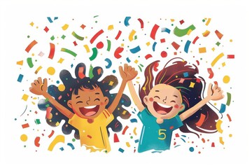 Two joyful children throwing colorful confetti in celebration, expressing happiness, unity, and fun in a playful cartoon style.