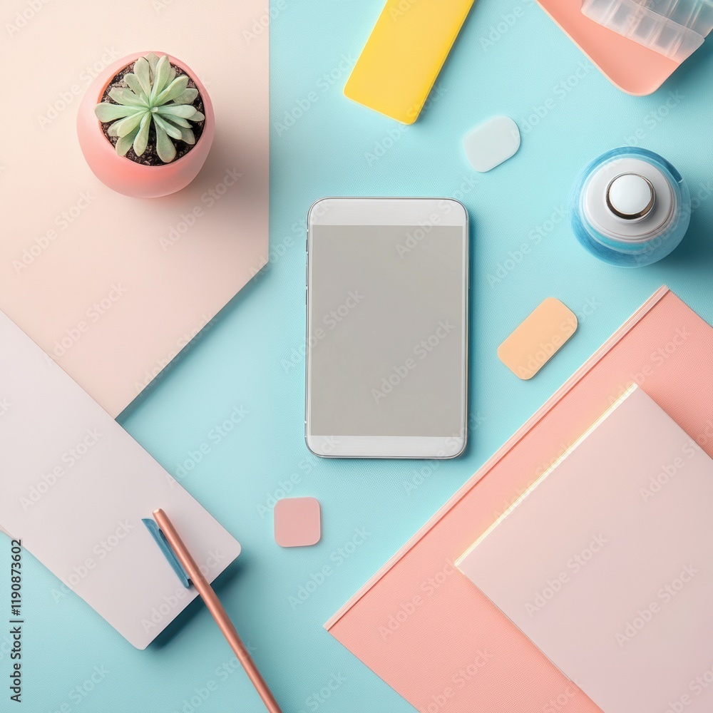 Poster stylized workspace setup with smartphone and decorative elements for social media engagement. genera