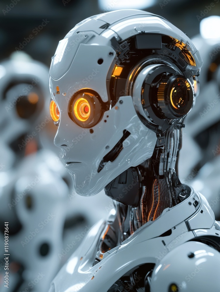 Poster robotic creatures with glowing eyes in a modern technological facility showcase advanced automation 