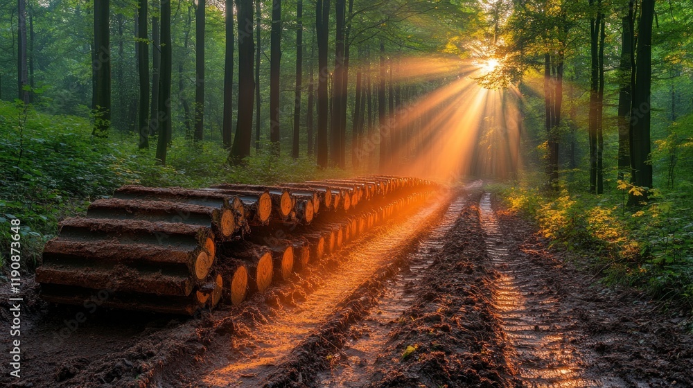 Poster sunbeams illuminate a forest path with stacked logs.