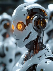 Fototapeta premium Robotic creatures with glowing eyes in a modern technological facility showcase advanced automation and design