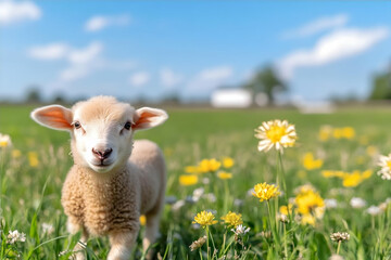Obraz premium Adorable lamb standing in a vibrant spring meadow, gazing directly at the camera. A pastoral scene perfect for springtime greeting cards, children's books, or website banners