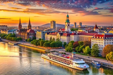 Fototapeta premium Majestic Vienna Panorama: Danube River Cruise & Cityscape