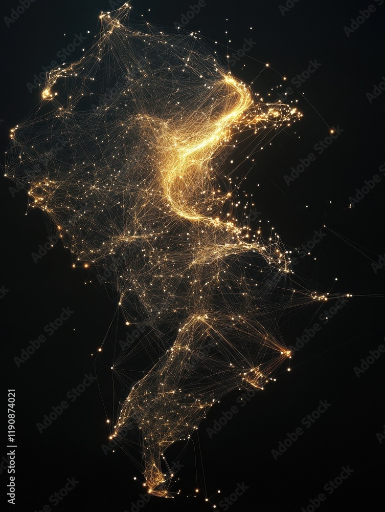 Poster social network connection concept with glowing contour lines countries and dots on dark background. 