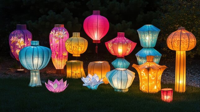A colorful lantern festival display featuring various sizes and designs of lanterns illuminating a dark night.