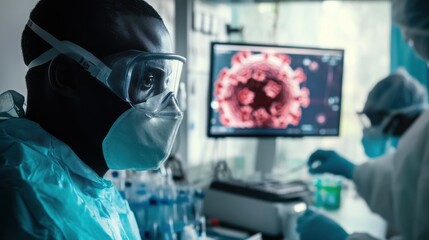 Medical workers working with computer and micoroscope inside hospital laboratory during coronavirus outbreak - Focus on african man face