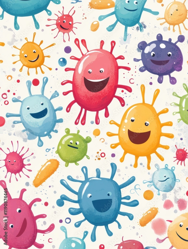 Poster smiling cartoon microbes in vibrant colors display joy and playfulness in a whimsical arrangement on