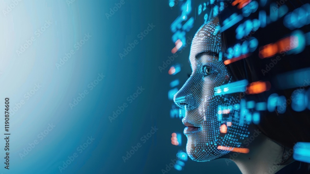 Poster a digital face with glowing data streams, symbolizing the intersection of technology and human ident