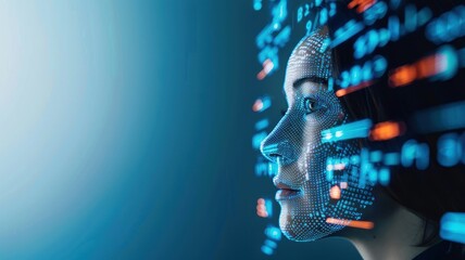 A digital face with glowing data streams, symbolizing the intersection of technology and human identity in a futuristic setting.