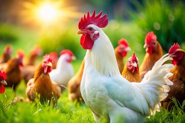 Fototapeta premium Majestic White Rooster & Brown Hens on Green Farm - Tilt-Shift Photography