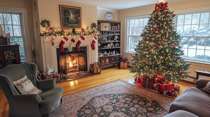 Obraz premium A cozy holiday living room with a beautifully decorated Christmas tree and a fireplace glowing in the background, making the perfect setting for the holiday season.