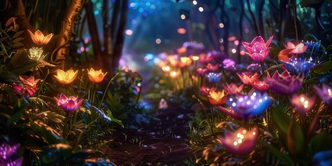 Obraz premium A vibrant, enchanting pathway through a magical forest filled with glowing flowers.