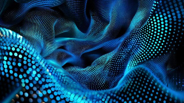 Abstract technology design dot wave neon glowing dots halftone pattern on black background.