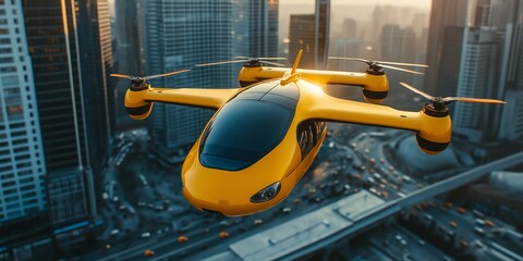 Fototapeta premium Future of urban air mobility, city air taxi, UAM urban air mobility, Public aerial transportation, Passenger Autonomous Aerial Vehicle AAV in futuristic city