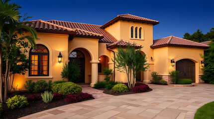 Mediterranean Villa at Dusk: Luxurious Home Exterior Design
