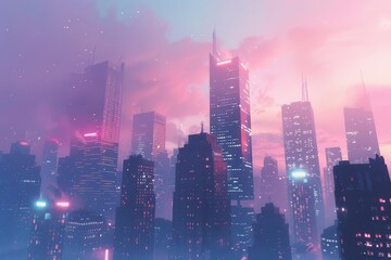 Fototapeta premium A vibrant, futuristic city skyline at dusk, illuminated by neon lights and surrounded by mist.