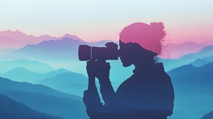A Photographer Silhouette with a Camera in the Mountains at Sunrise, Capturing Nature's Beauty with a Beautiful Blended Color Palette and Soft Focus Background