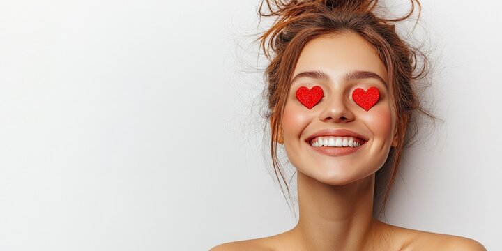 Woman with red hearts painted on her face celebrating love and creativity in artistic expression valentine day