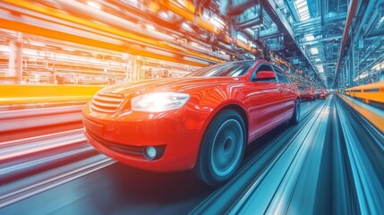 New Red Car on Assembly Line in Motion, Automotive Manufacturing and Industrial Production