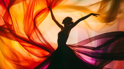 Graceful Silhouette of a Dancer Blending with Dynamic Colorful Flowing Fabrics, Capturing Movement and Emotion in a Vibrant and Artistic Expression of Dance