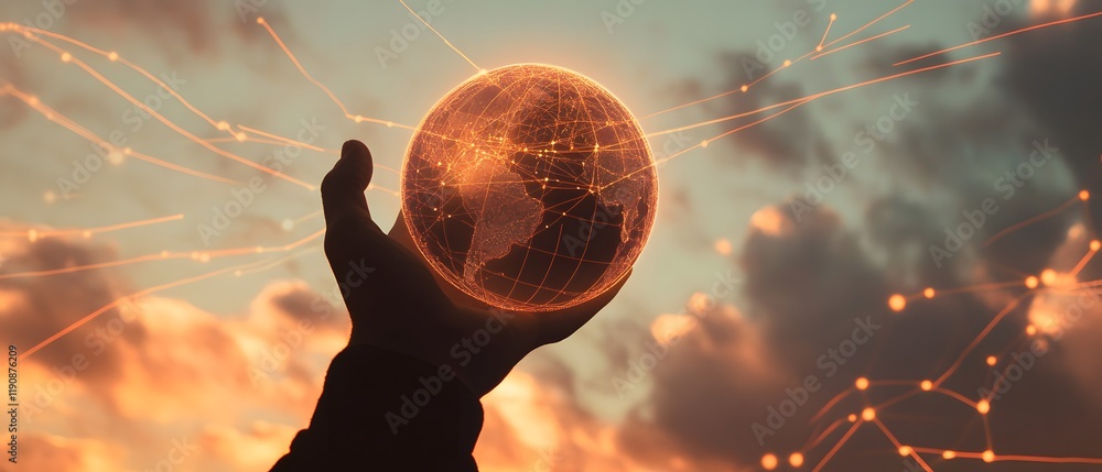 Wall mural Silhouette of a Hand Holding a Glowing Globe Against a Vivid Sky with Soft Clouds and Radiant Light Beams for Conceptual World Connectivity and Technology Imagery