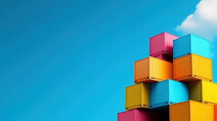Naklejka premium A vibrant stack of colorful shipping containers against a clear blue sky, showcasing bright hues of pink, blue, and yellow.