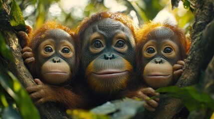 Three adorable orangutan babies peering from behind a tree in a lush green forest.