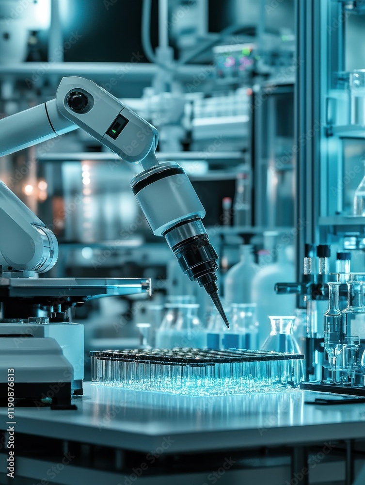 Poster a robotic arm performing intricate tasks in a laboratory setting, highlighting automation in researc