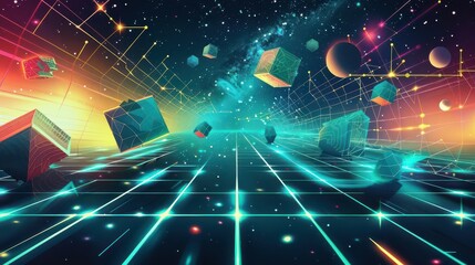 Obraz premium A vibrant, futuristic landscape with floating geometric shapes and a cosmic background.