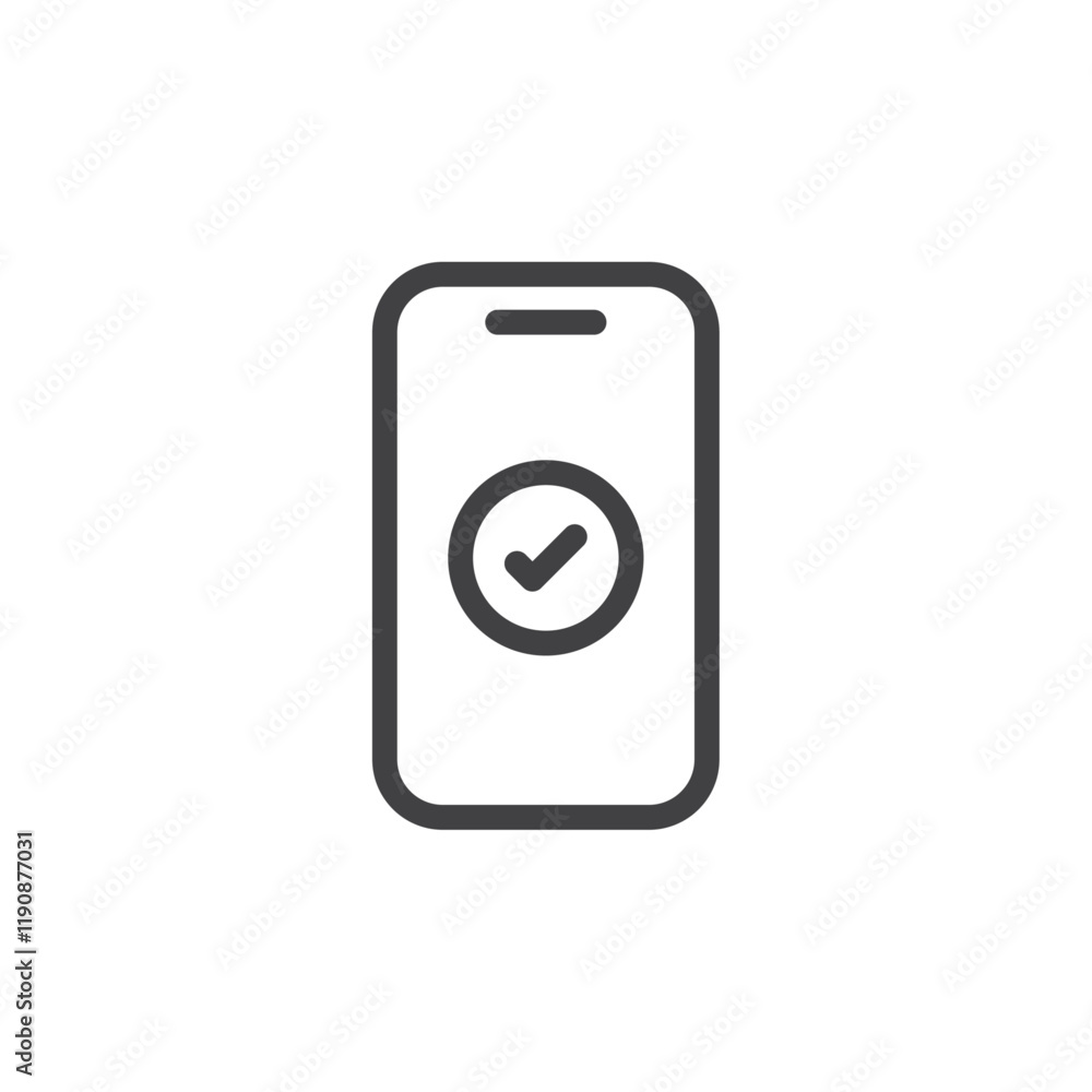 Poster mobile phone with check mark icon simple outline vector logo