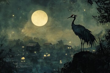 Fototapeta premium Serene Night Scene with Crane Under Full Moon and City Lights