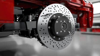 Close-up of high-performance brake calipers and disc brakes on a sports car.