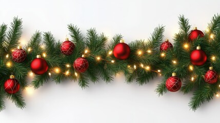 A decorative garland with green pine branches, red ornaments, and golden lights forming a festive Christmas border on a transparent backdrop